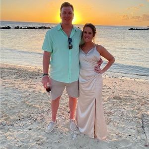 Soft champagne revelry bridesmaid dress. Satin.